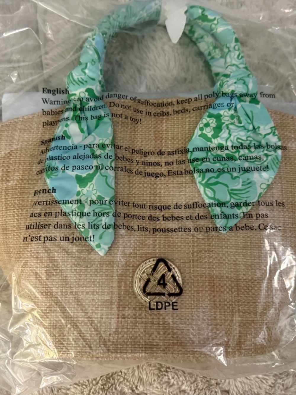 Lilly Pulitzer Natural Straw Tote with Green & Aqua Scarf Handles - Picture 3 of 3
